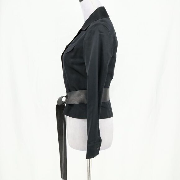 Carmen Marc Valvo Jacket Womens 4 Black Crop Fitted and Leather Belt Size Small - Picture 13 of 16